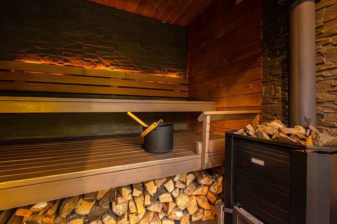 a stove and oven in a room with wood